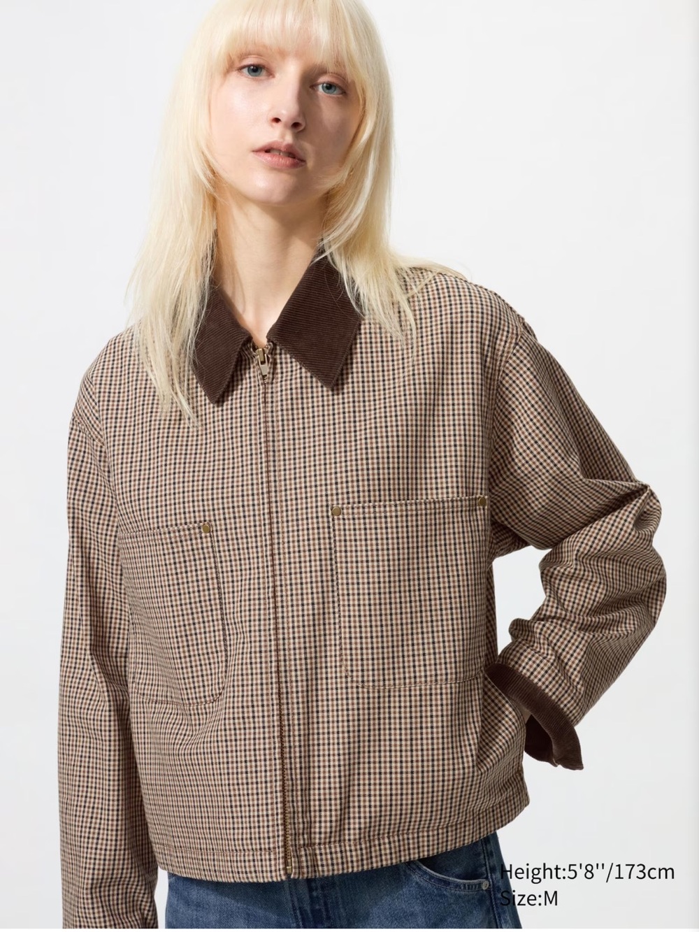 Uniqlo Women's Brown Check Houndstooth Cropped Zip Jacket with Contrast Collar